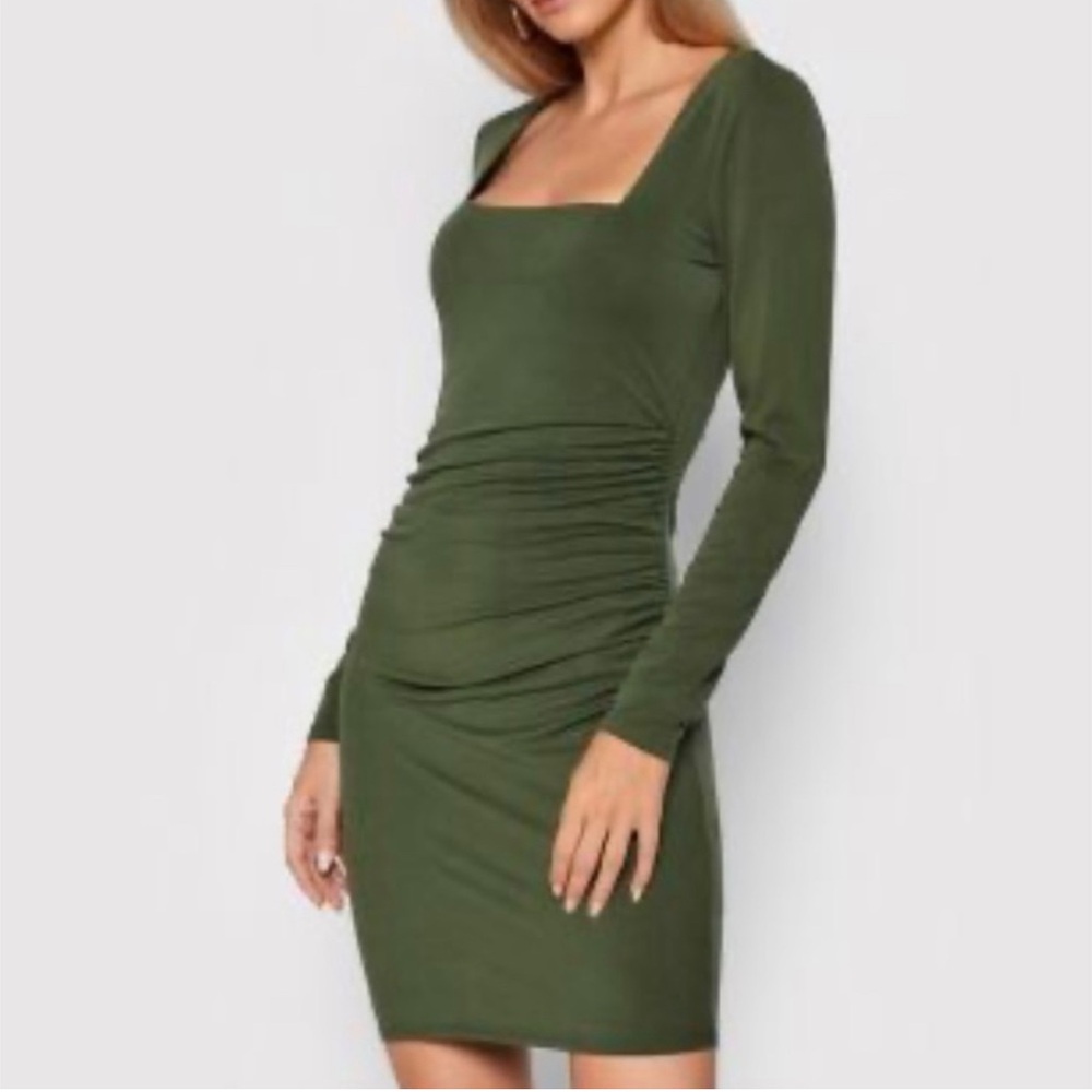 Guess Tencel Eco Serena Mini Ruched Bodycon Dress Joshua Tree Green Long Sleeves